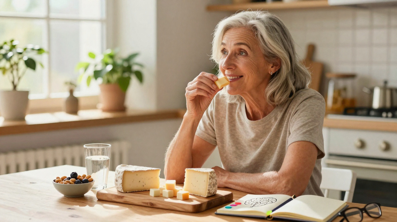 Mulher sénior a petiscar queijo na cozinha, com caderno, óculos e frutos secos na mesa.