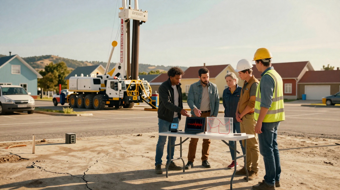 Grupo de engenheiros em obra a analisar gráficos num computador portátil numa mesa dobrável.