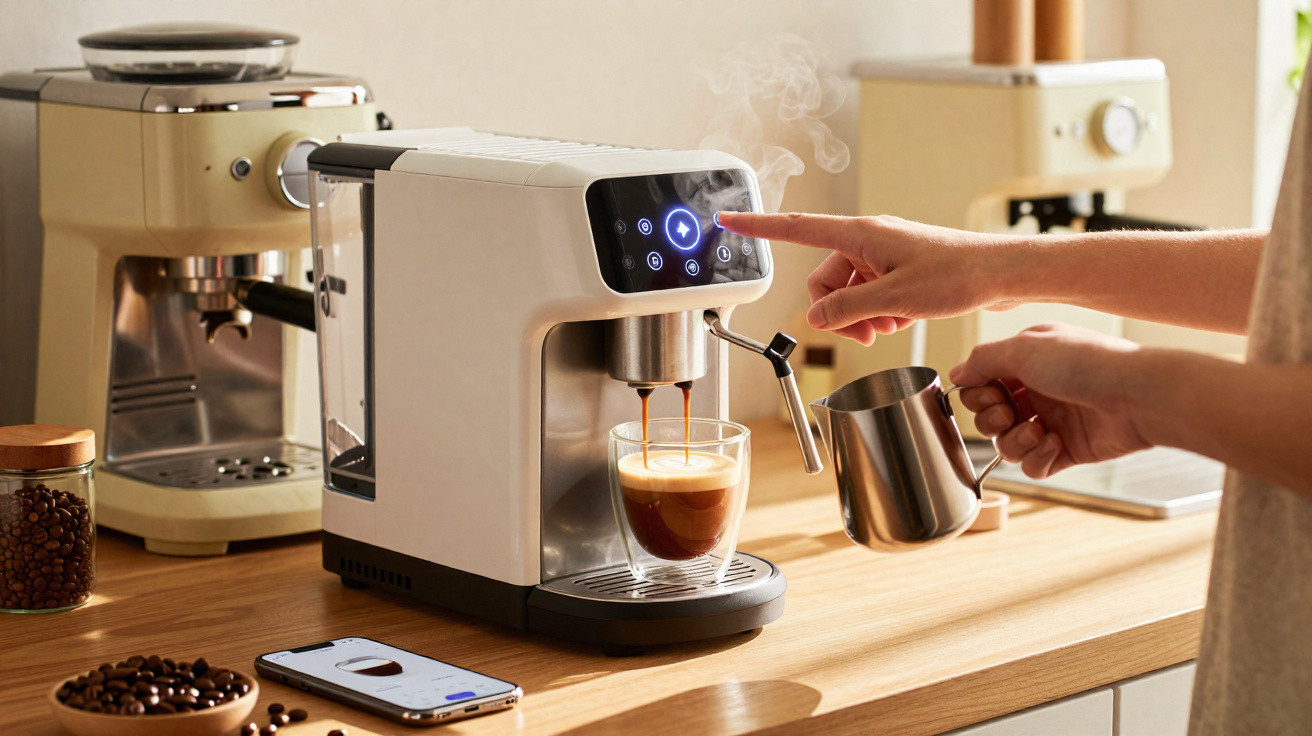 Pessoa a usar máquina de café expresso branca a preparar café numa cozinha moderna.