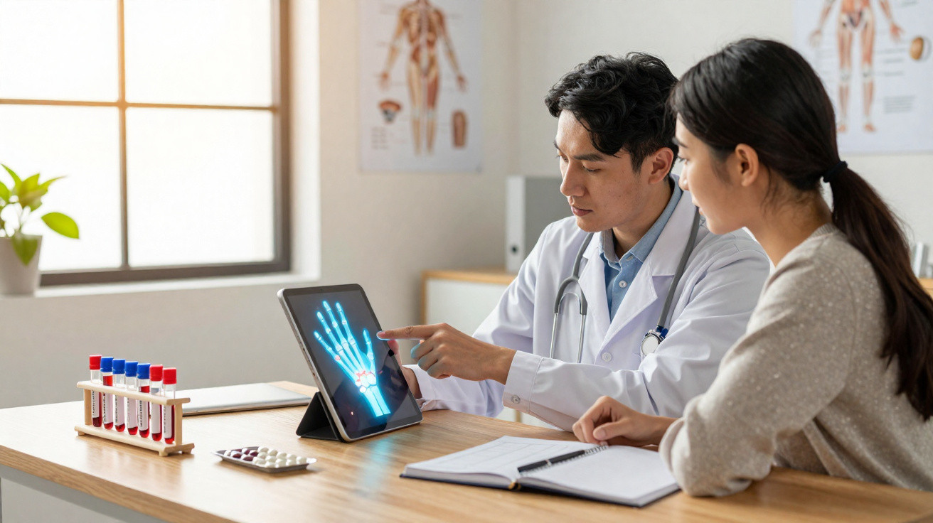 Médico mostra raio-X ao paciente numa consulta, explicando lesão na mão, com tubos de ensaio e medicamentos na mesa.