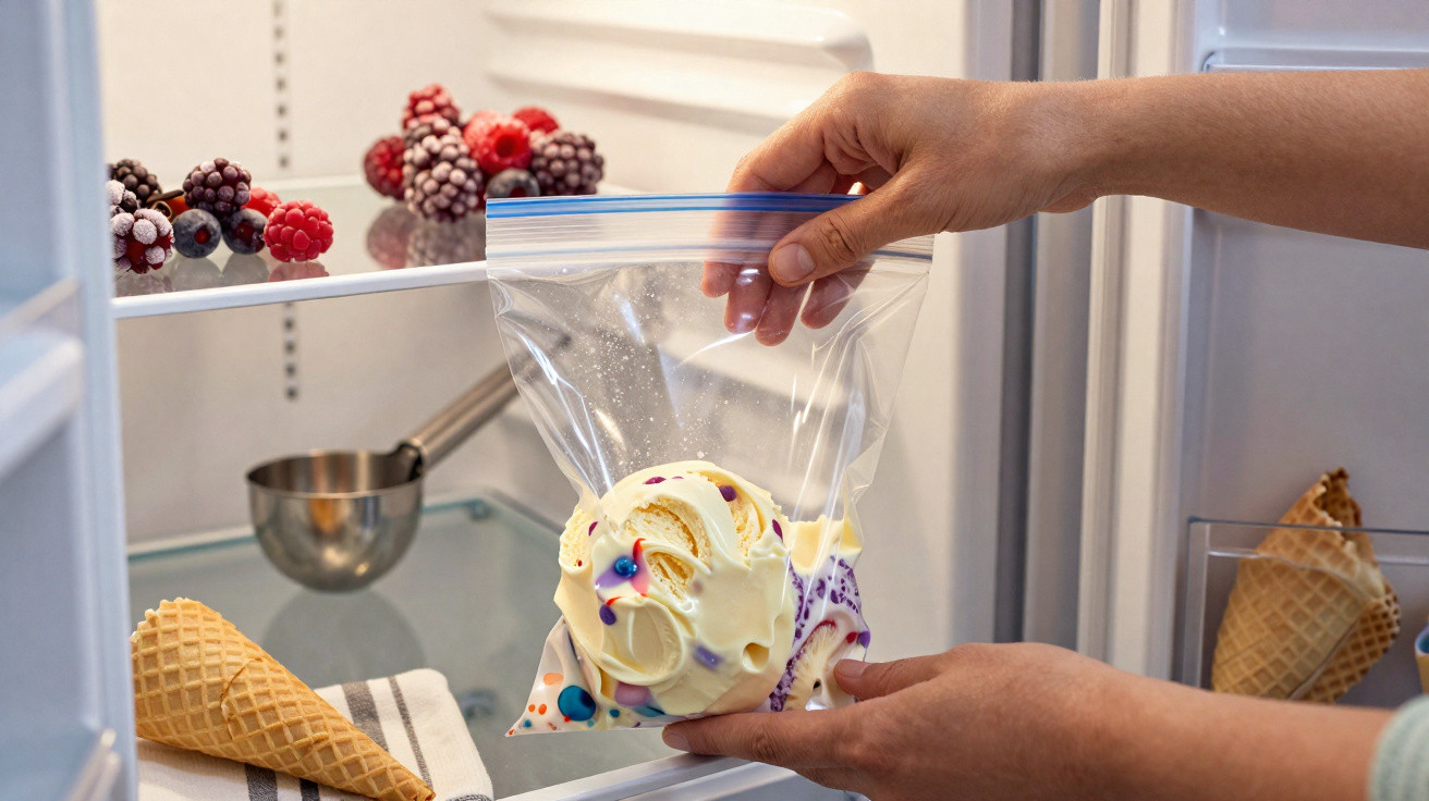 Mãos a colocar gelado colorido num saco plástico na porta aberta de um frigorífico com cones e frutos congelados.
