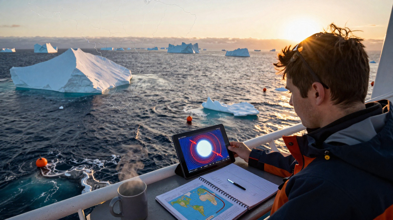 Pessoa num barco a observar no tablet gráficos científicos junto a icebergs no mar durante o pôr do sol.