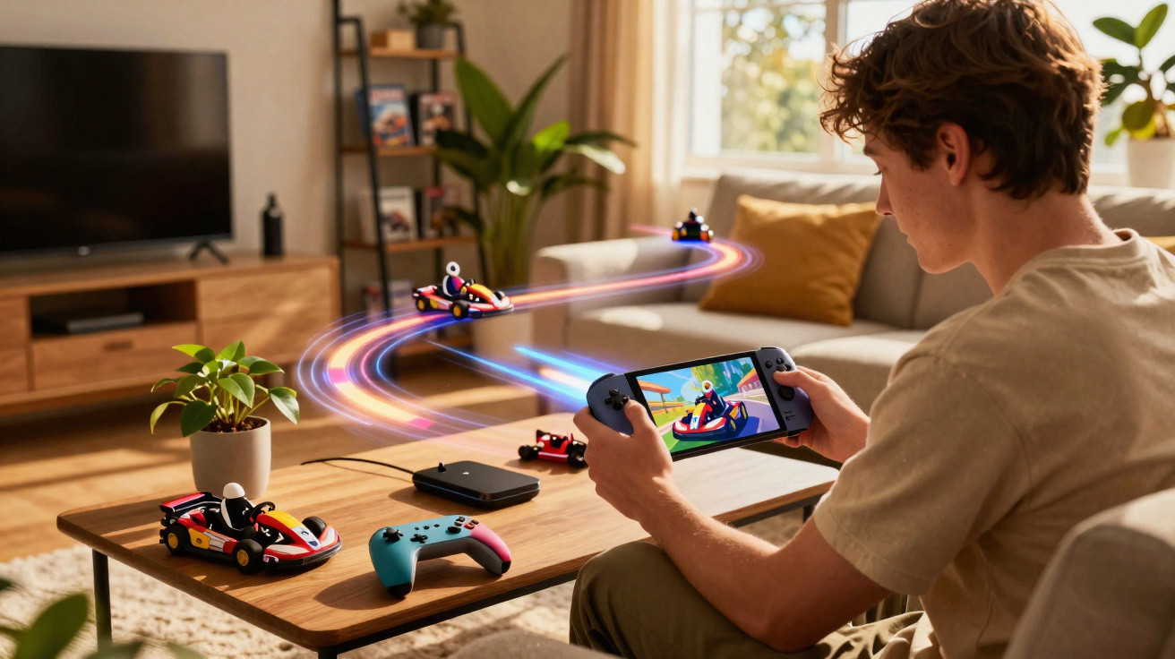 Jovem sentado a jogar videojogo de corridas numa consola portátil com carros a projetar no ar à sua frente.