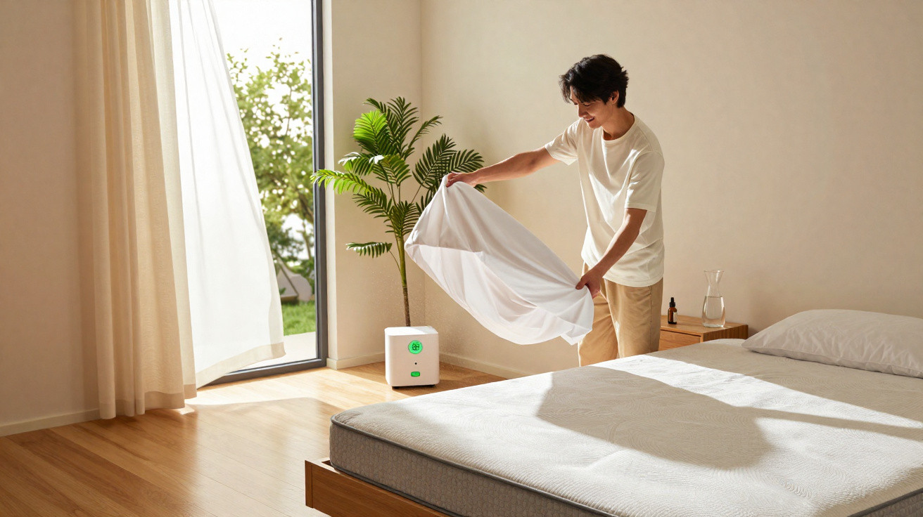 Homem a arrumar a cama junto a uma janela aberta, com cortinas esvoaçantes e planta ao fundo.