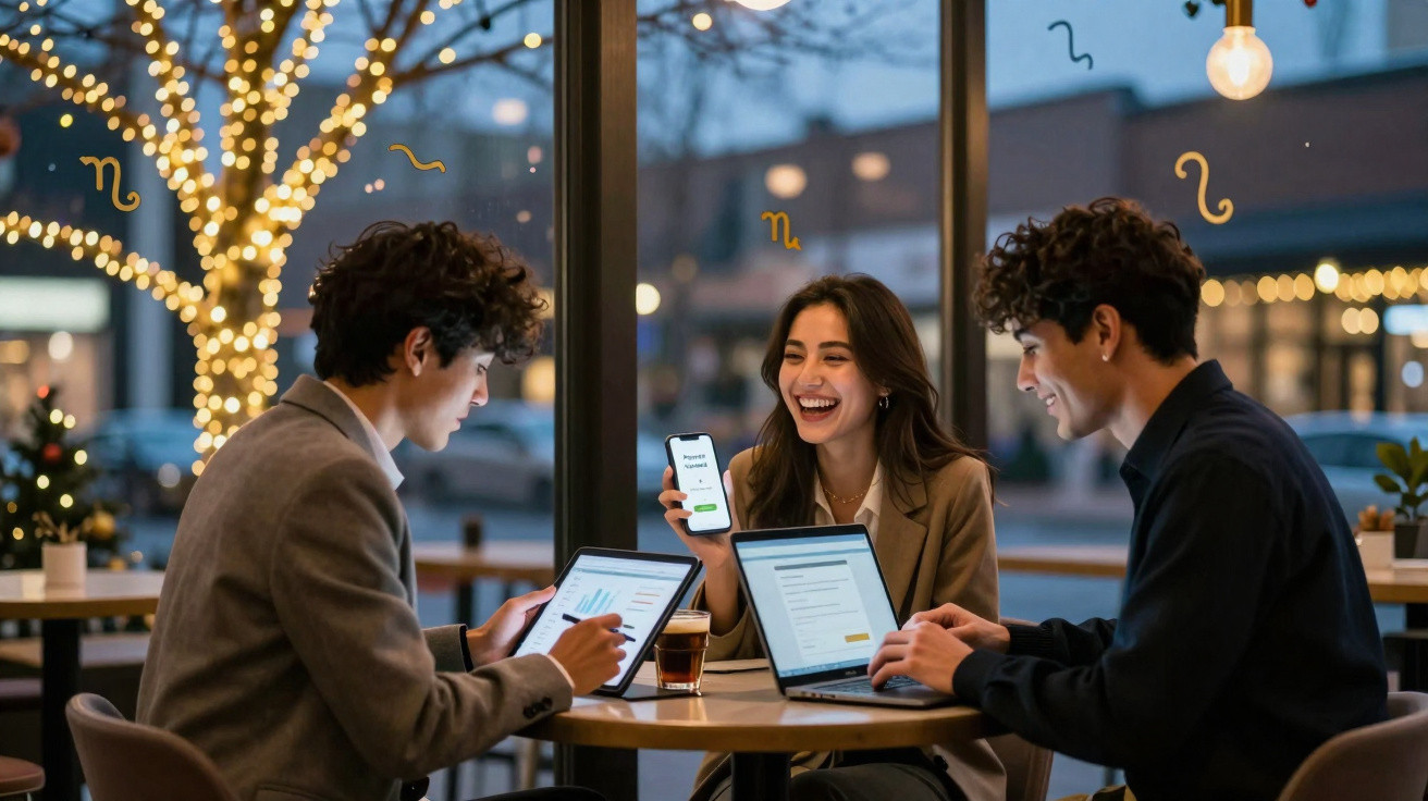 Três jovens sentados à mesa com dispositivos digitais em café iluminado por luzes festivas ao entardecer.