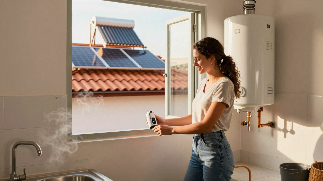 Mulher a medir temperatura de água quente na cozinha, com painel solar visível pela janela aberta.