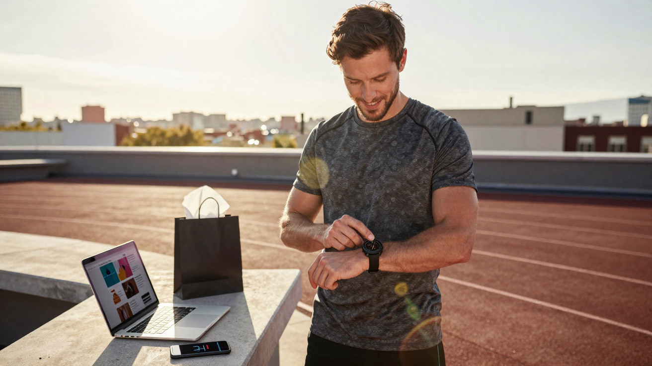 Homem desportista consulta relógio inteligente numa pista de corrida ao pôr do sol, com portátil e telemóvel à mesa.