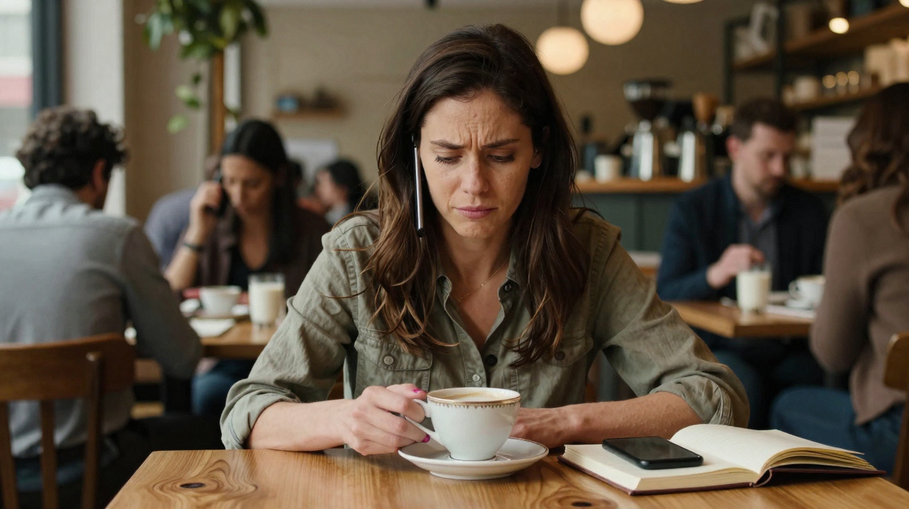 Mulher com expressão triste a segurar chávena numa mesa com caderno e telemóvel, em café movimentado.
