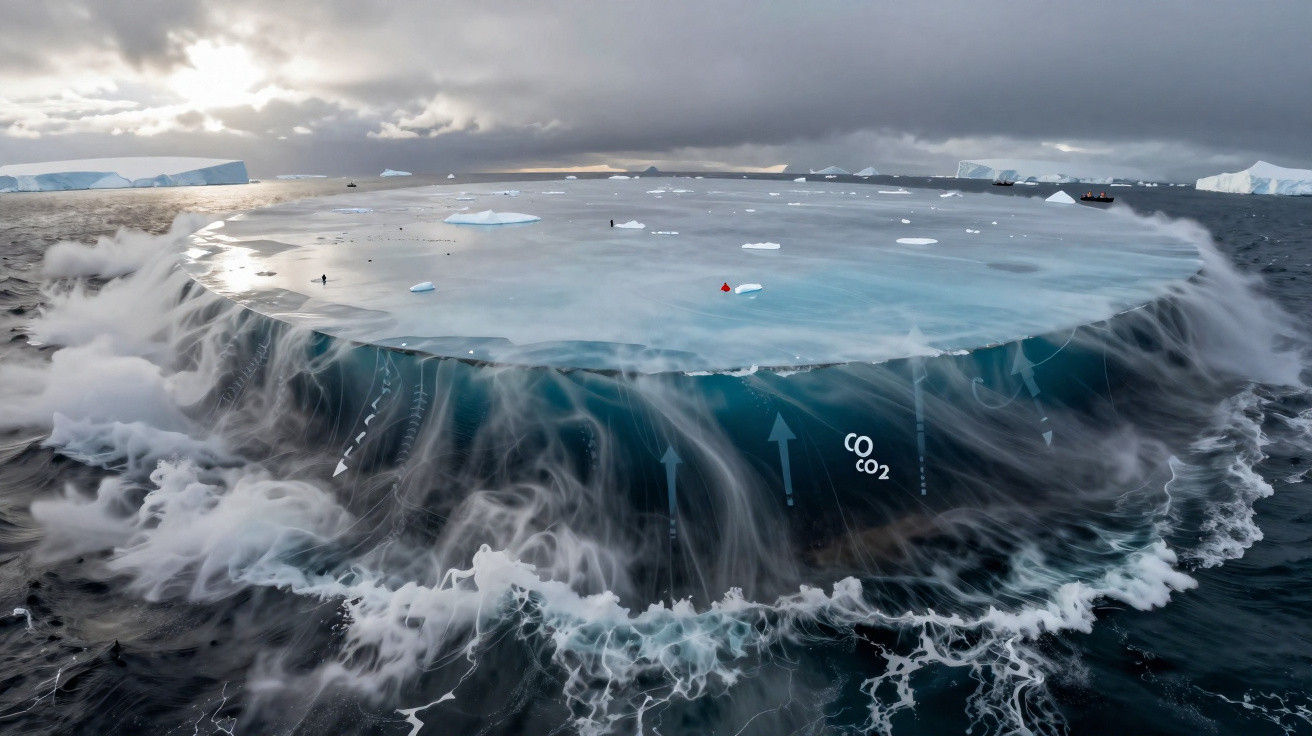 Bloco de gelo flutuante derretendo no mar com nuvens escuras no horizonte e setas que representam dióxido de carbono.