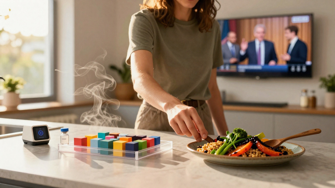 Pessoa a temperar salada numa cozinha moderna com televisor ligado ao fundo e dispositivo na bancada.