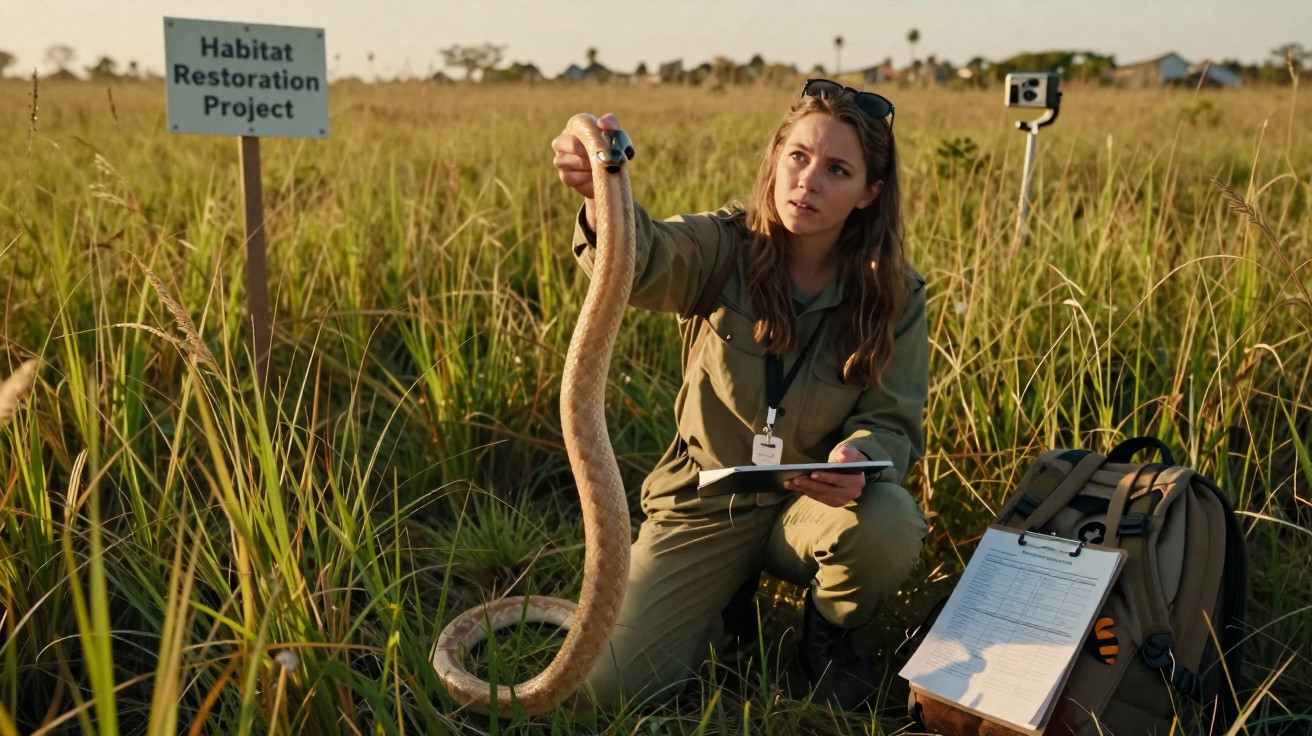 Mulher com fato de campo segura cobra para estudo em área de restauro ambiental com vegetação alta.