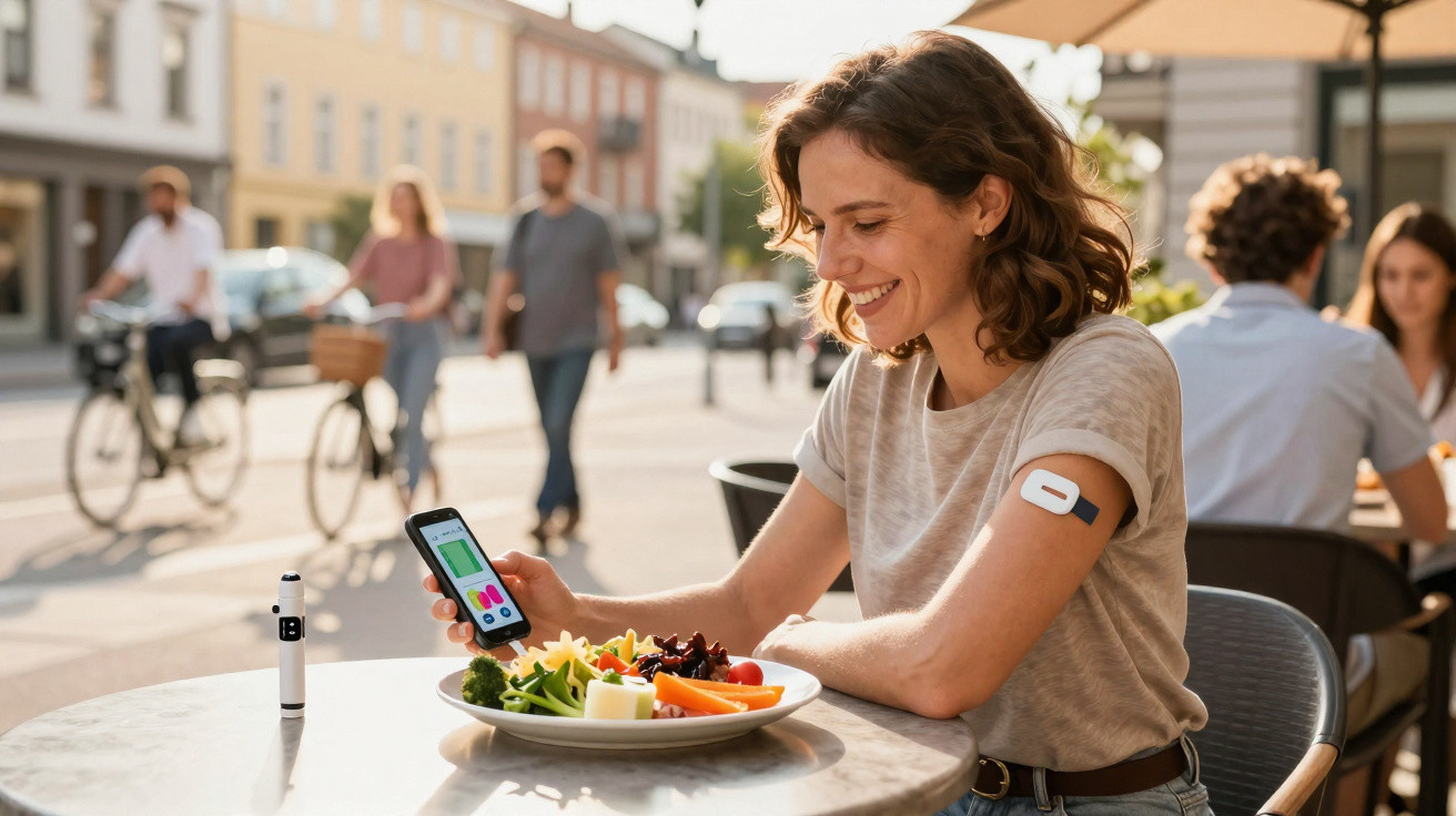 Mulher sentada numa esplanada a controlar a diabetes com dispositivo e smartphone junto a prato de vegetais.