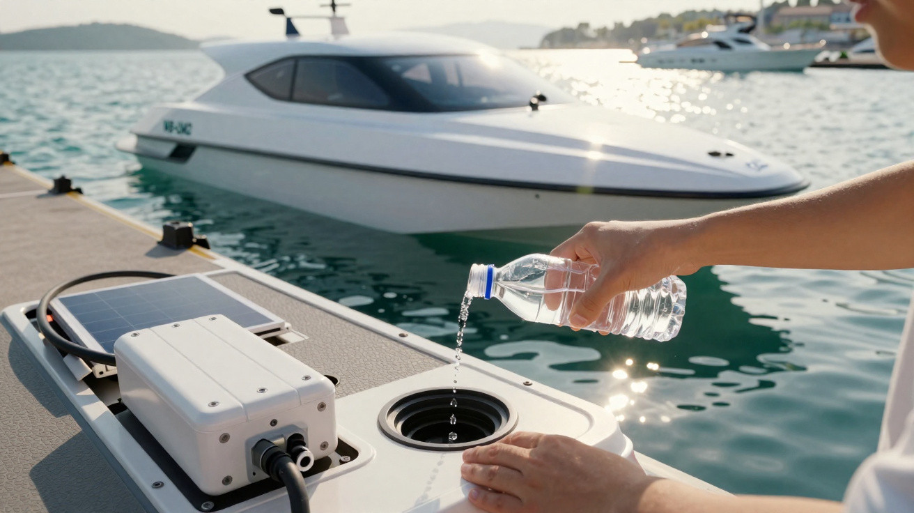 Mãos a despejar água de garrafa numa abertura de equipamento num cais, com barco moderno ao fundo.