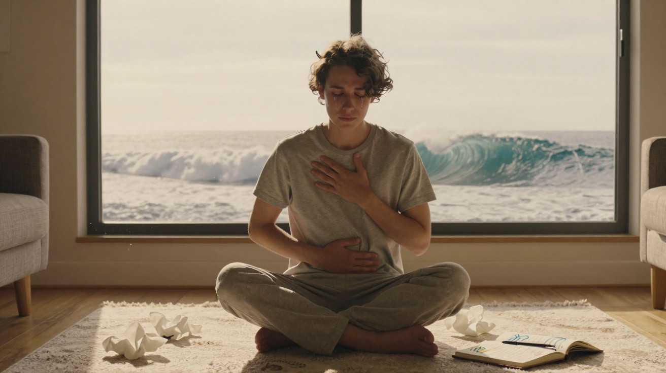 Pessoa sentada em posição de meditação com mãos no peito e estômago, junto a janela com vista para o mar.