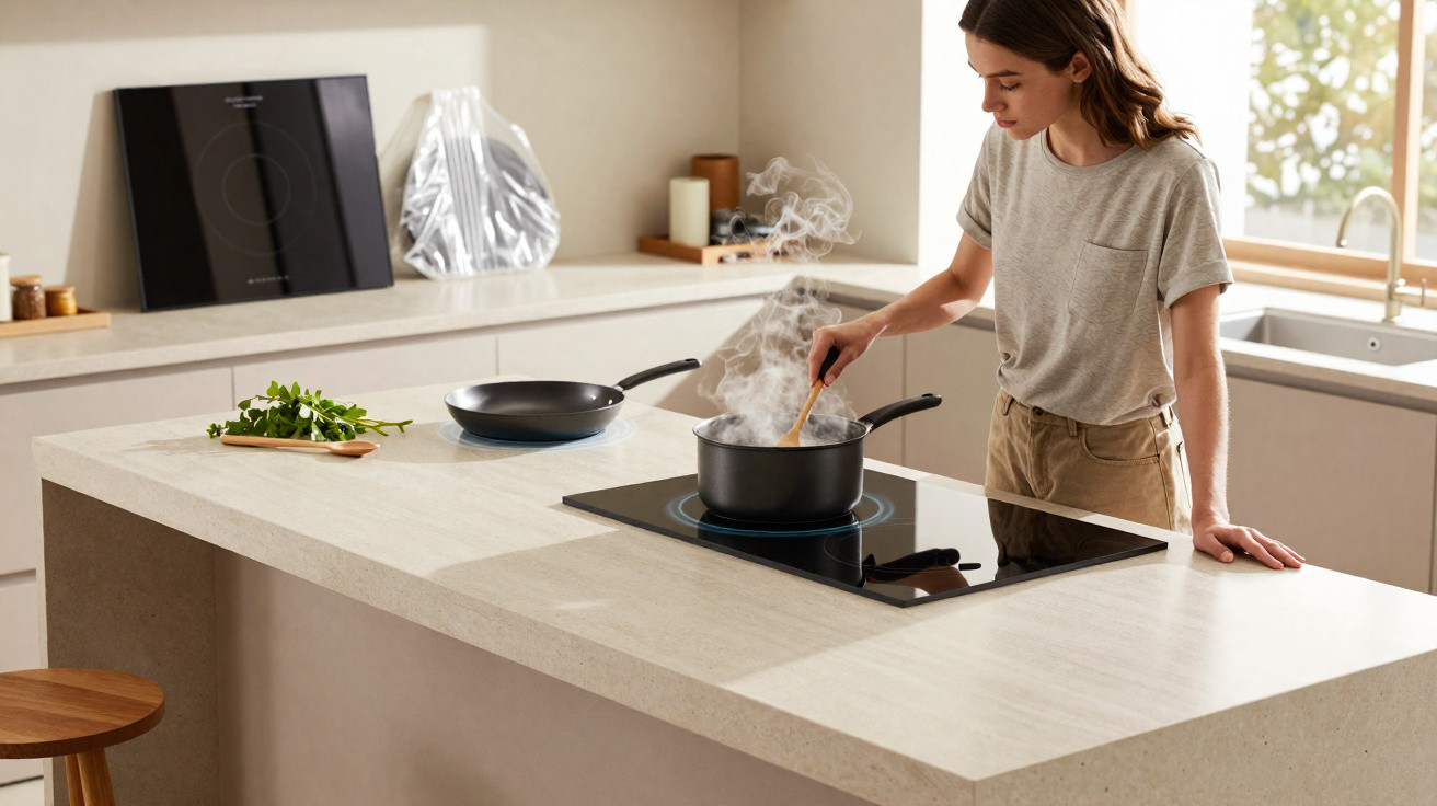 Mulher a cozinhar numa cozinha moderna, a mexer um tacho em fogão de indução numa ilha de pedra clara.