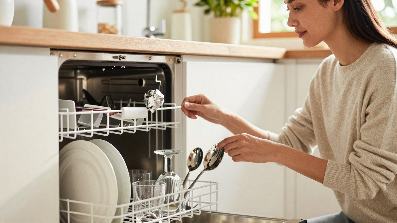Mulher a colocar talheres numa máquina de lavar louça cheia de pratos, copos e talheres numa cozinha.