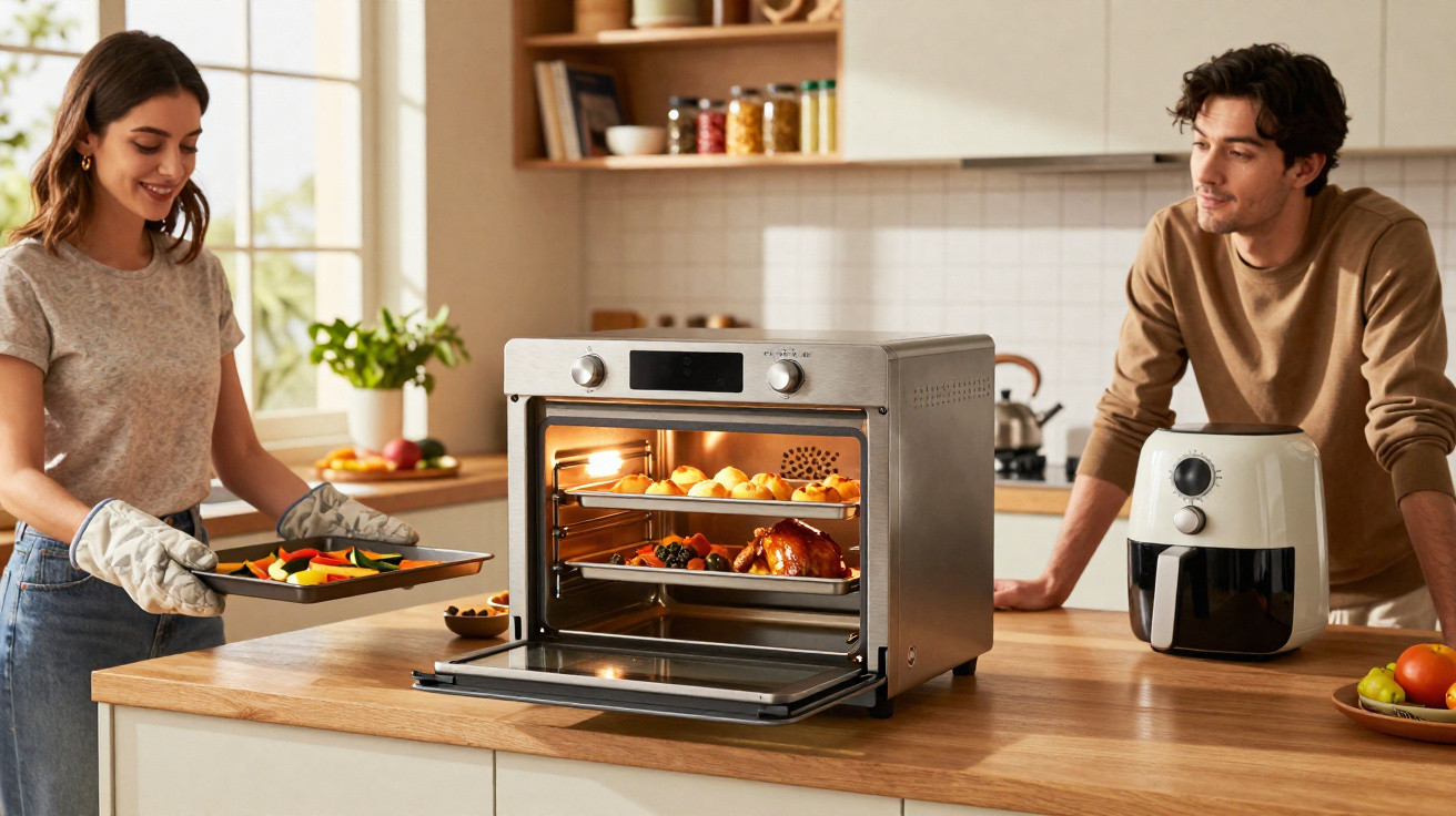 Mulher a colocar tabuleiro no forno elétrico enquanto homem observa numa cozinha moderna.
