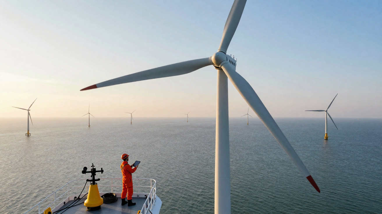 Técnico em fato laranja num barco junto a turbinas eólicas offshore sobre o mar ao pôr do sol.