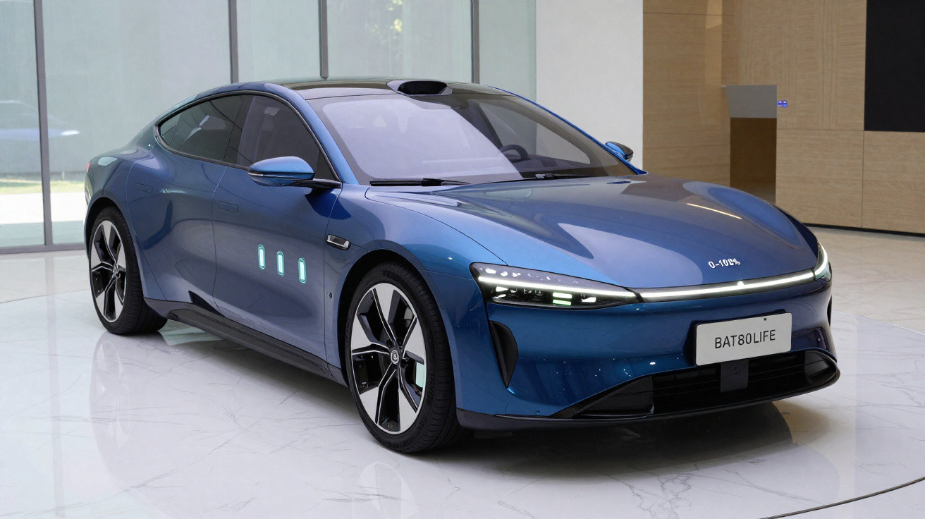 Carro elétrico desportivo azul estacionado num showroom com teto de vidro e iluminação natural.