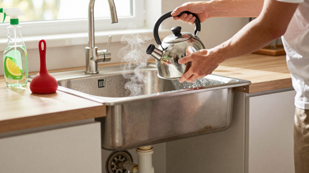 Pessoa a despejar água quente de um bule no lava-loiça da cozinha com vapor a sair.