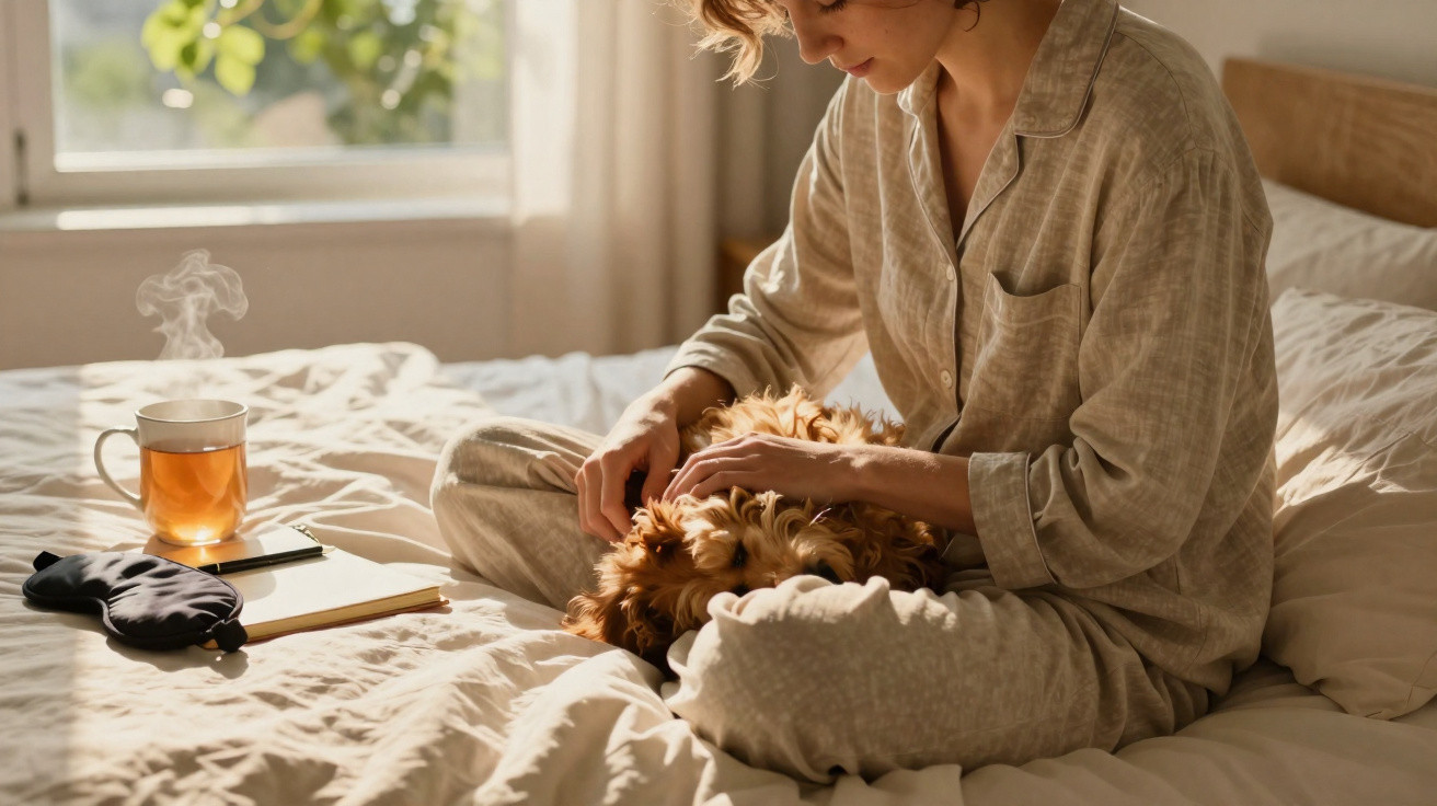 Mulher de pijama sentada na cama a acariciar cãozinho, com chá a fumegar e máscara de dormir ao lado.