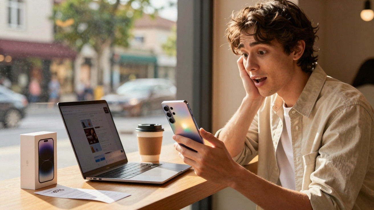 Jovem surpreso a olhar para o telemóvel, sentado numa mesa com portátil, café e caixa de smartphone.