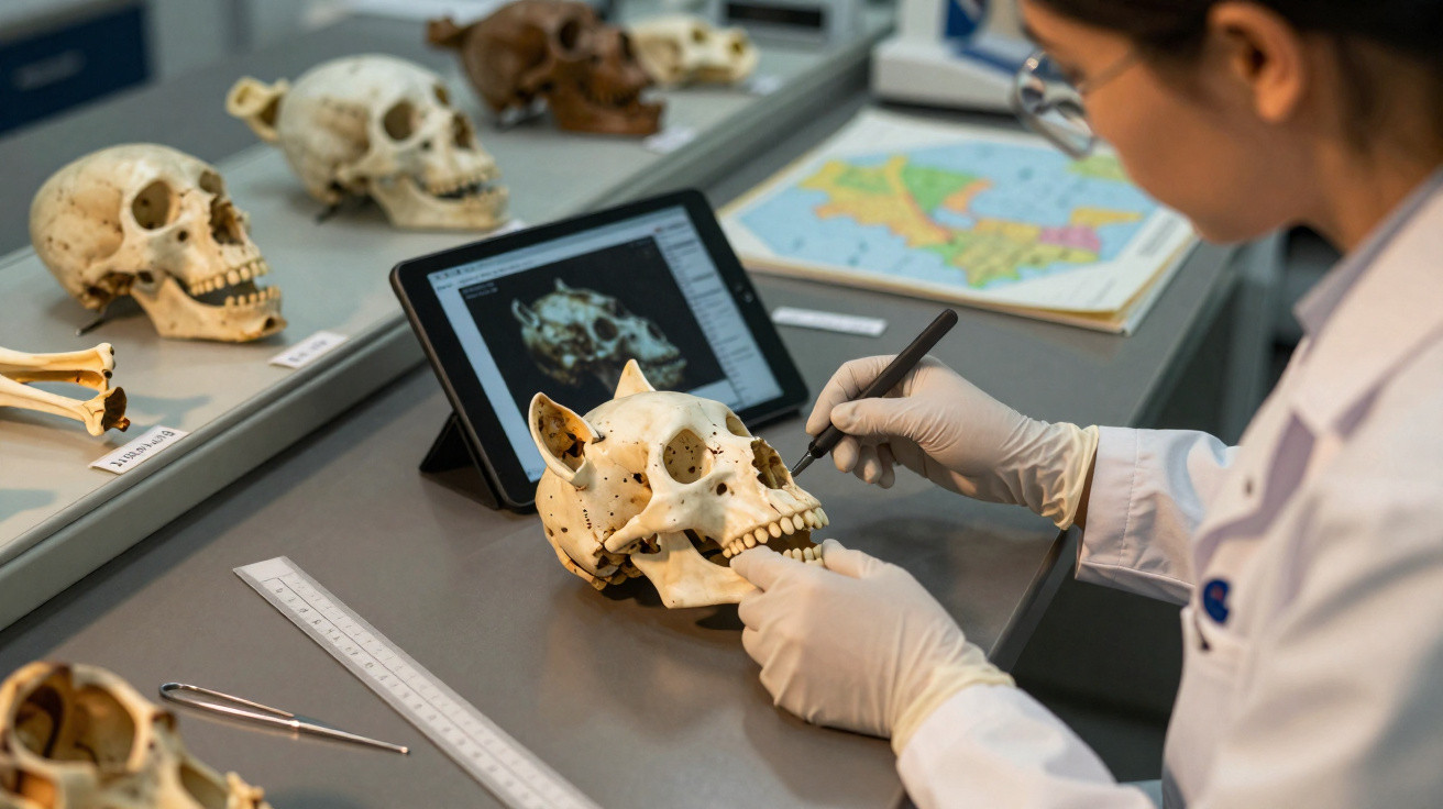 Investigadora a examinar crânio de animal numa mesa com ferramentas e imagens digitais de crânios.