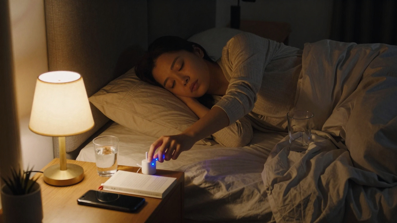 Mulher a dormir na cama a desligar luminária ao lado de mesa de cabeceira com livro e telemóvel.
