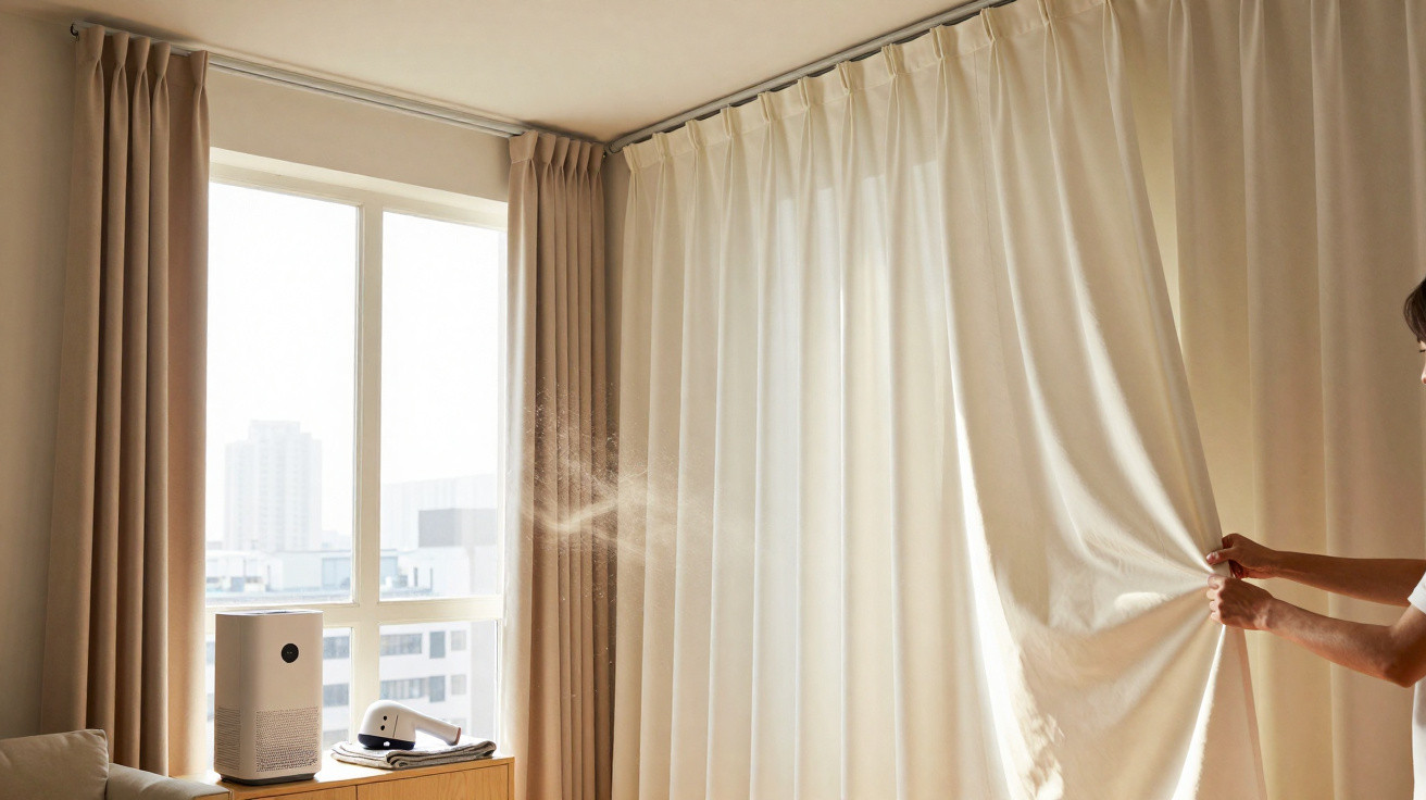 Pessoa abrindo cortina branca numa sala luminosa com humidificador a funcionar perto da janela