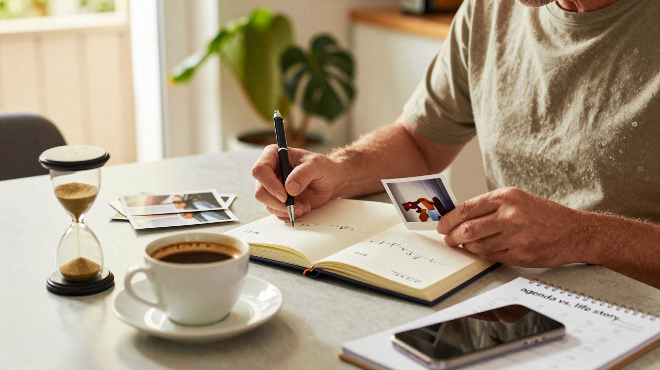 Pessoa a escrever num diário segurando uma fotografia, com café, ampulheta e telemóvel na mesa.