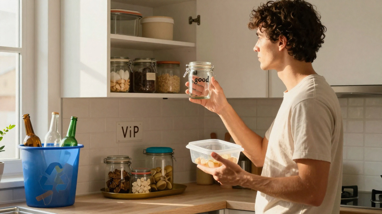 Homem a separar alimentos em frascos de vidro na cozinha, junto a contentor de reciclagem.