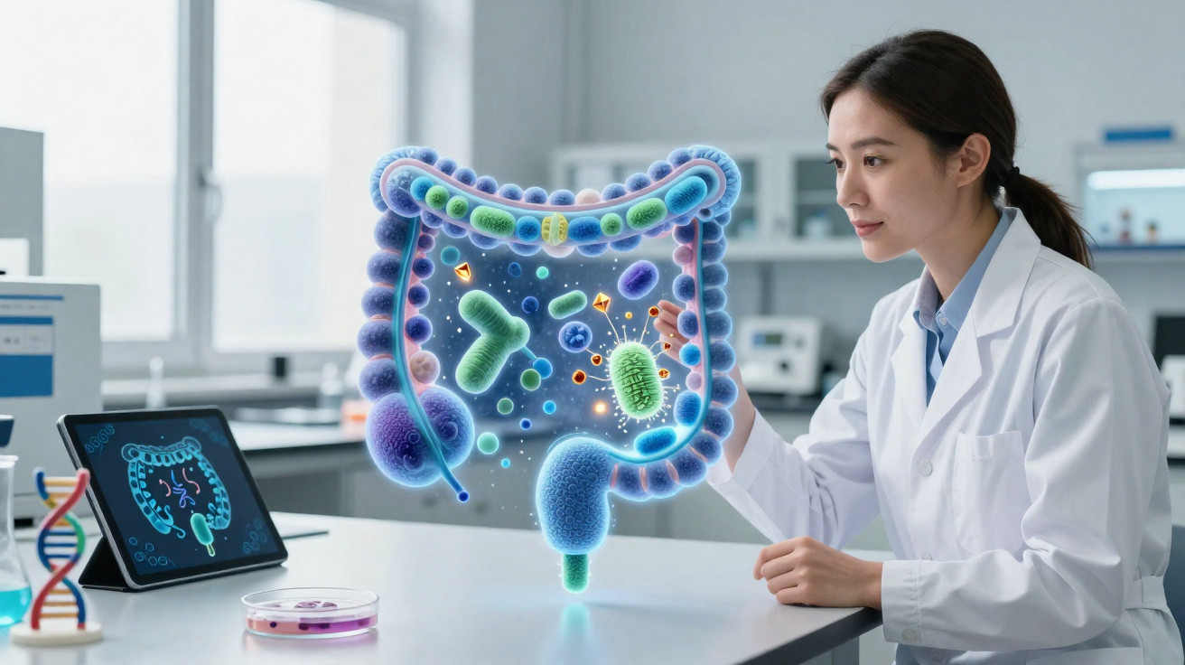 Cientista analisa holograma colorido do intestino com micro-organismos num laboratório moderno.
