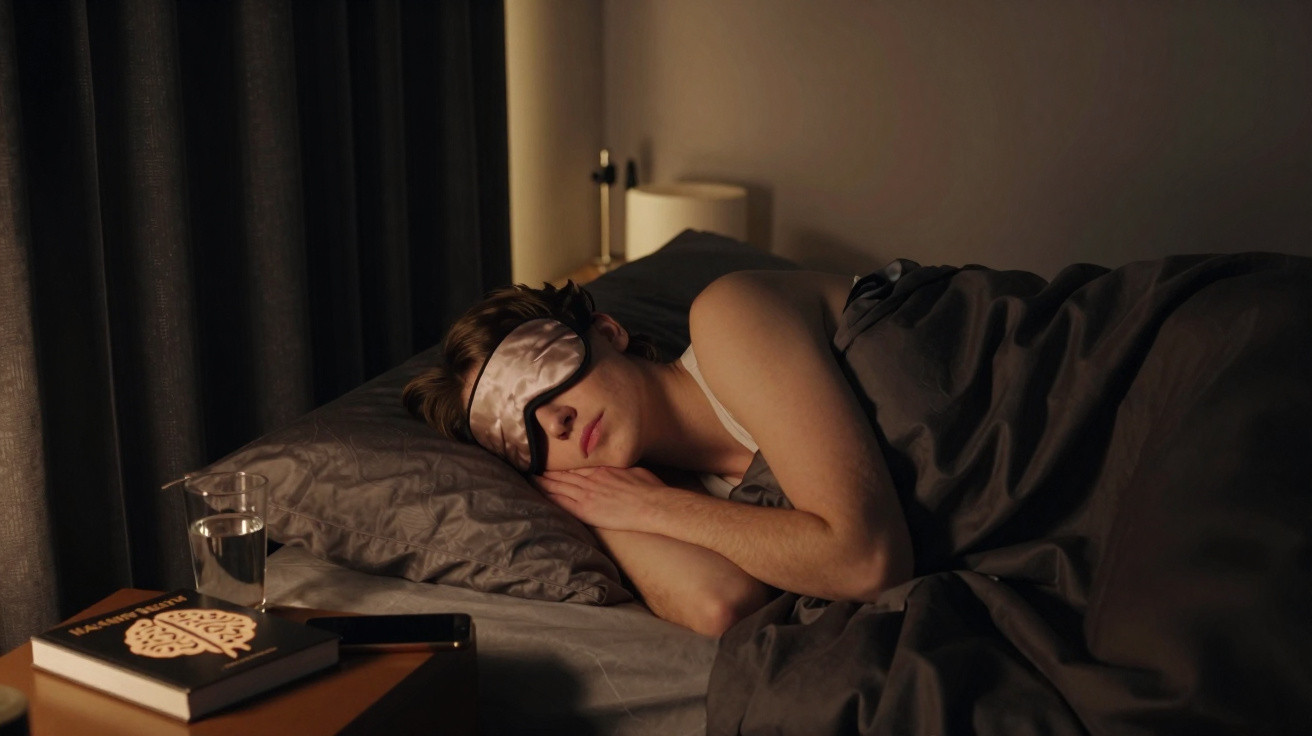 Pessoa a dormir numa cama com máscara de dormir, coberta cinzenta, ao lado de mesa com copo de água e livro.