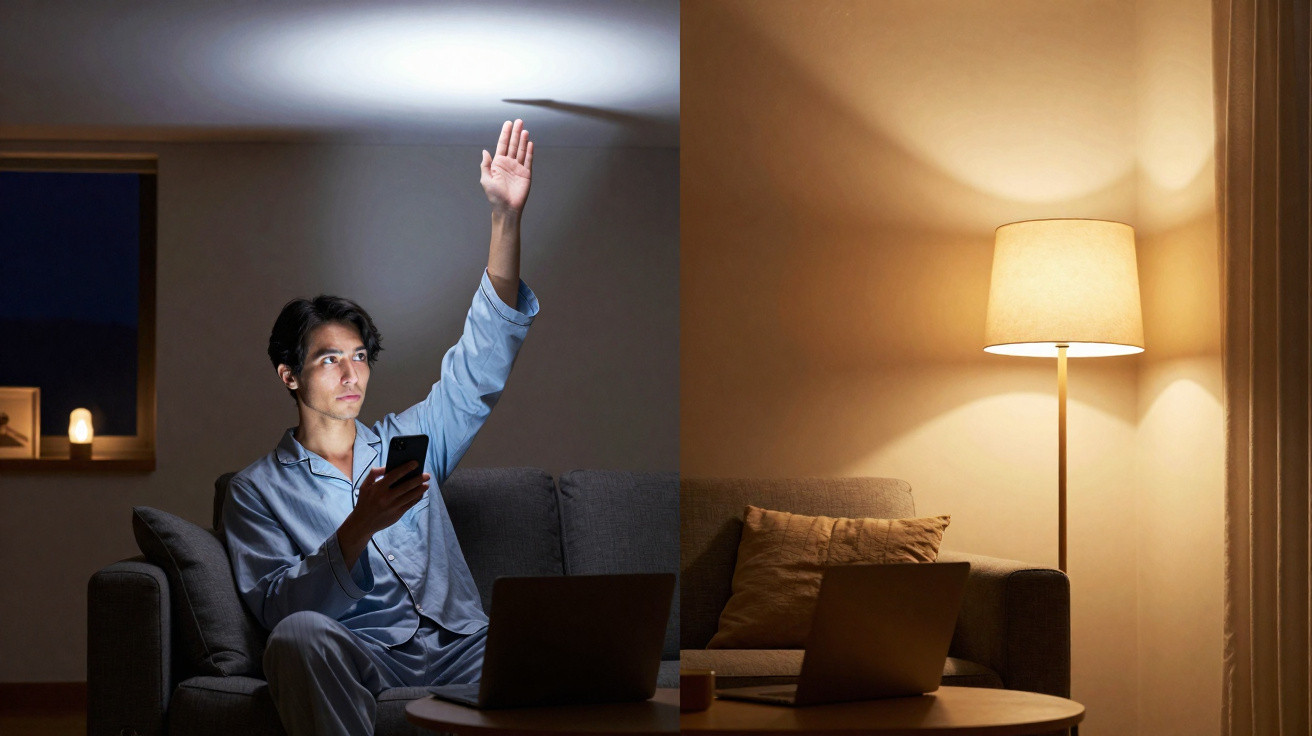 Homem sentado no sofá com pijama, segurando telemóvel e luz dividida entre fria e quente no ambiente.