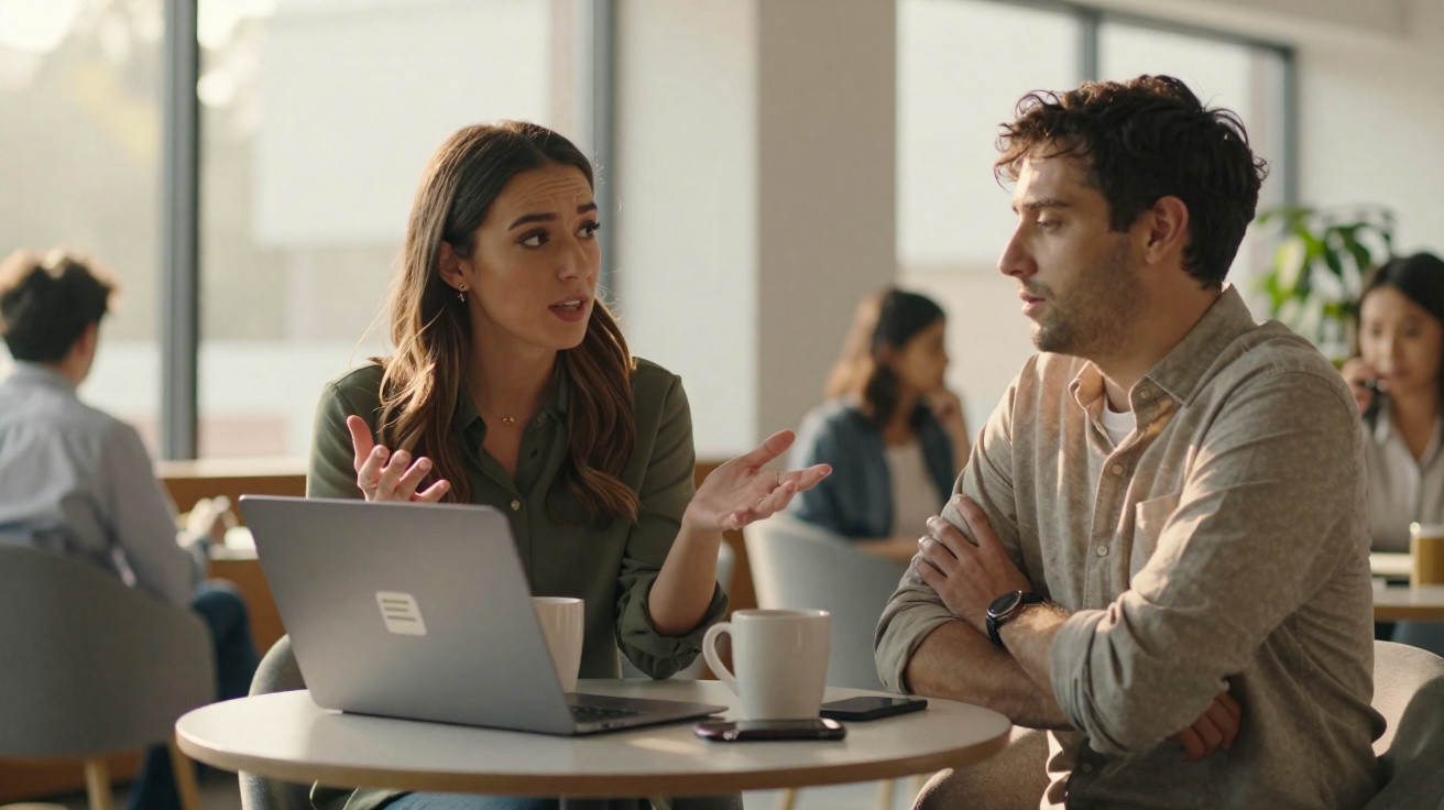 Duas pessoas conversam numa mesa de café com um computador portátil e duas chávenas de café.