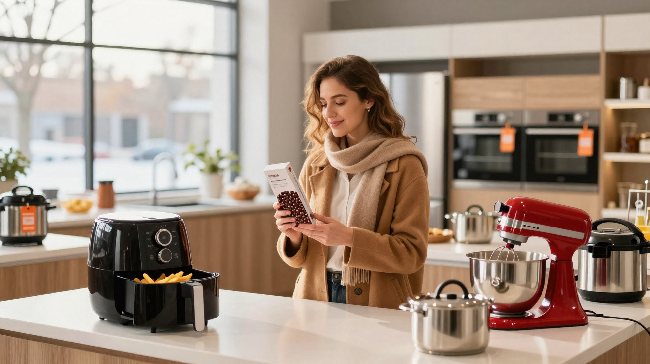 Mulher a ler instruções de uma air fryer enquanto cozinha numa cozinha moderna e luminosa.