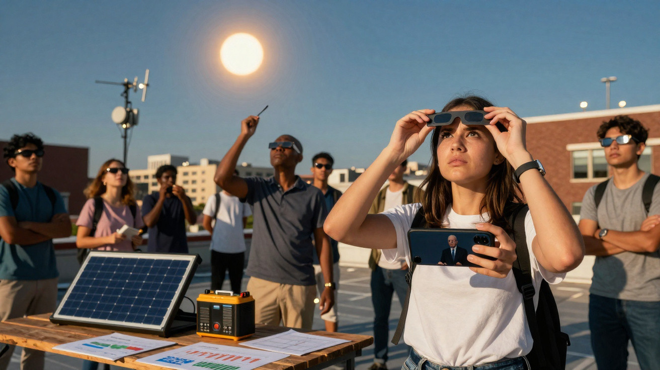 Grupo de jovens a observar eclipse solar com óculos protetores num telhado, com painéis solares e equipamentos.