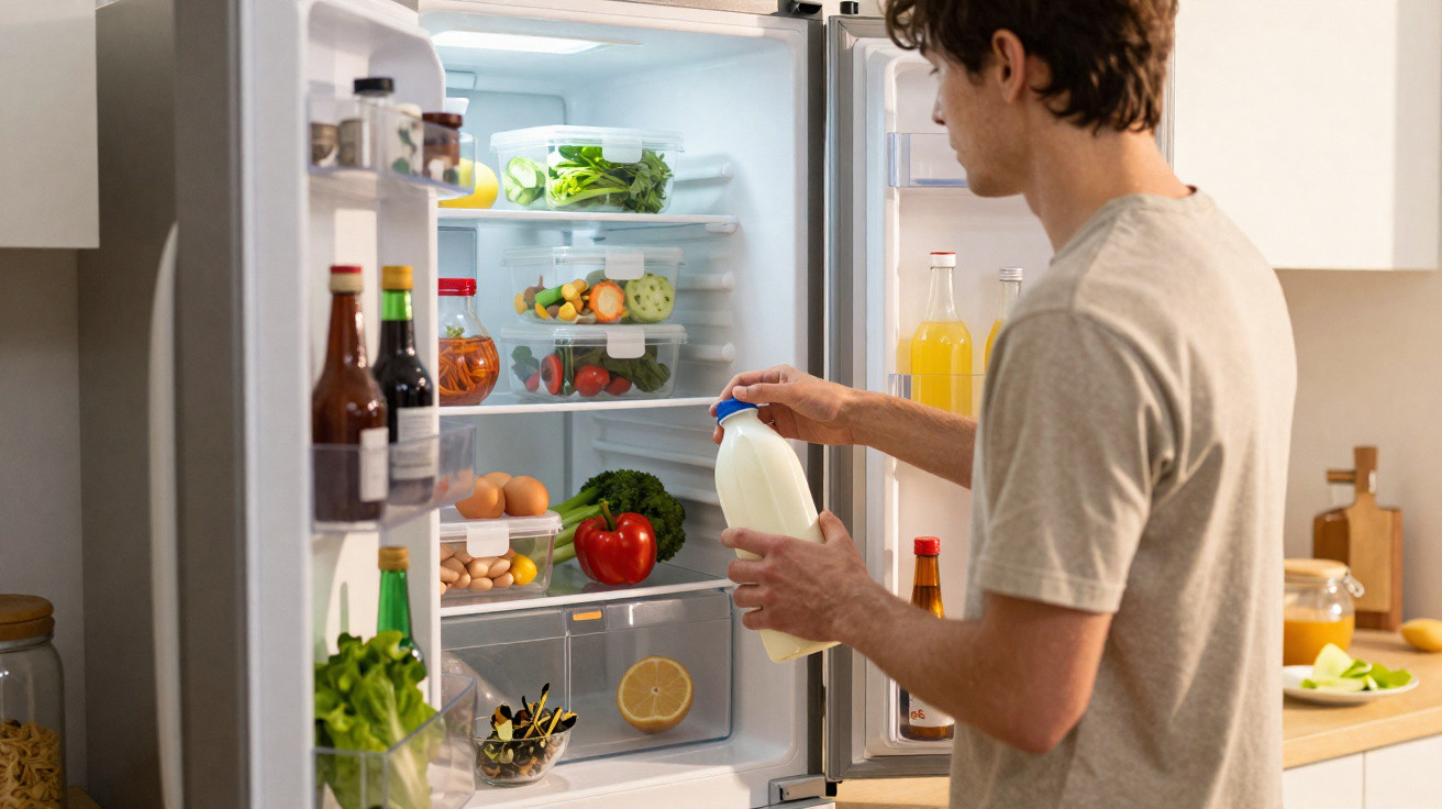 Homem a tirar uma garrafa de leite do frigorífico aberto numa cozinha moderna.