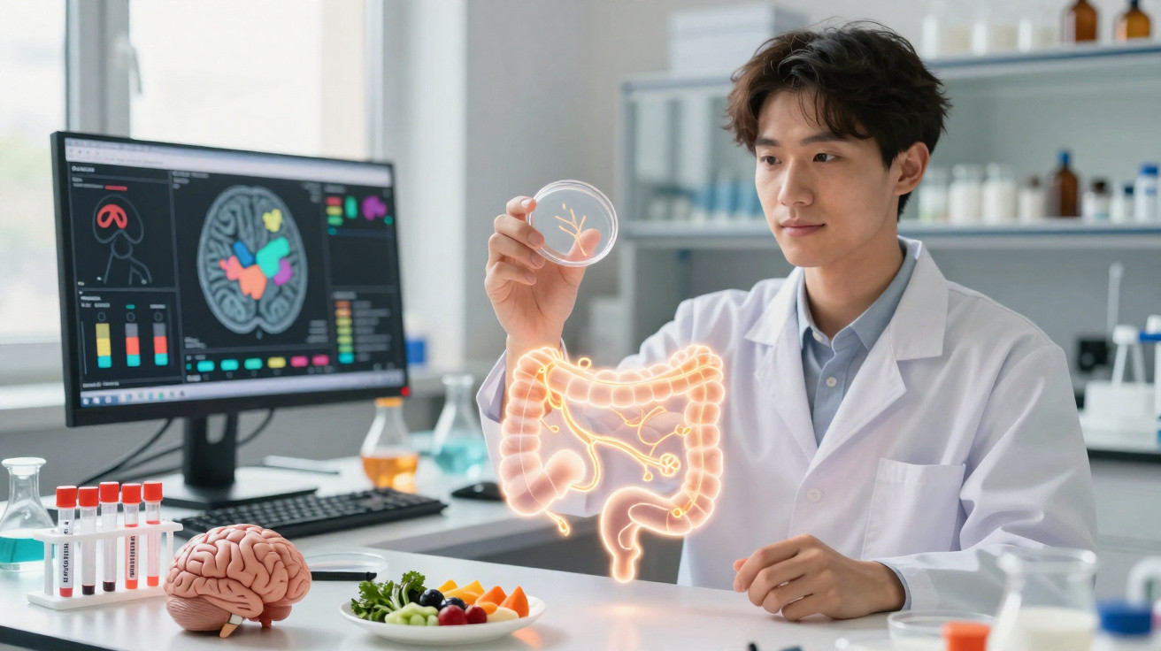 Cientista em laboratório a analisar bactérias com cérebro e intestino iluminados em holograma.