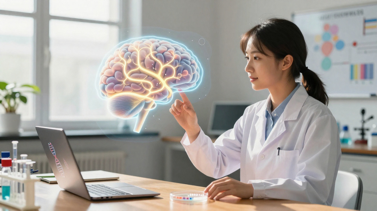 Cientista feminina num laboratório interage com holograma de cérebro ao lado de computador portátil.