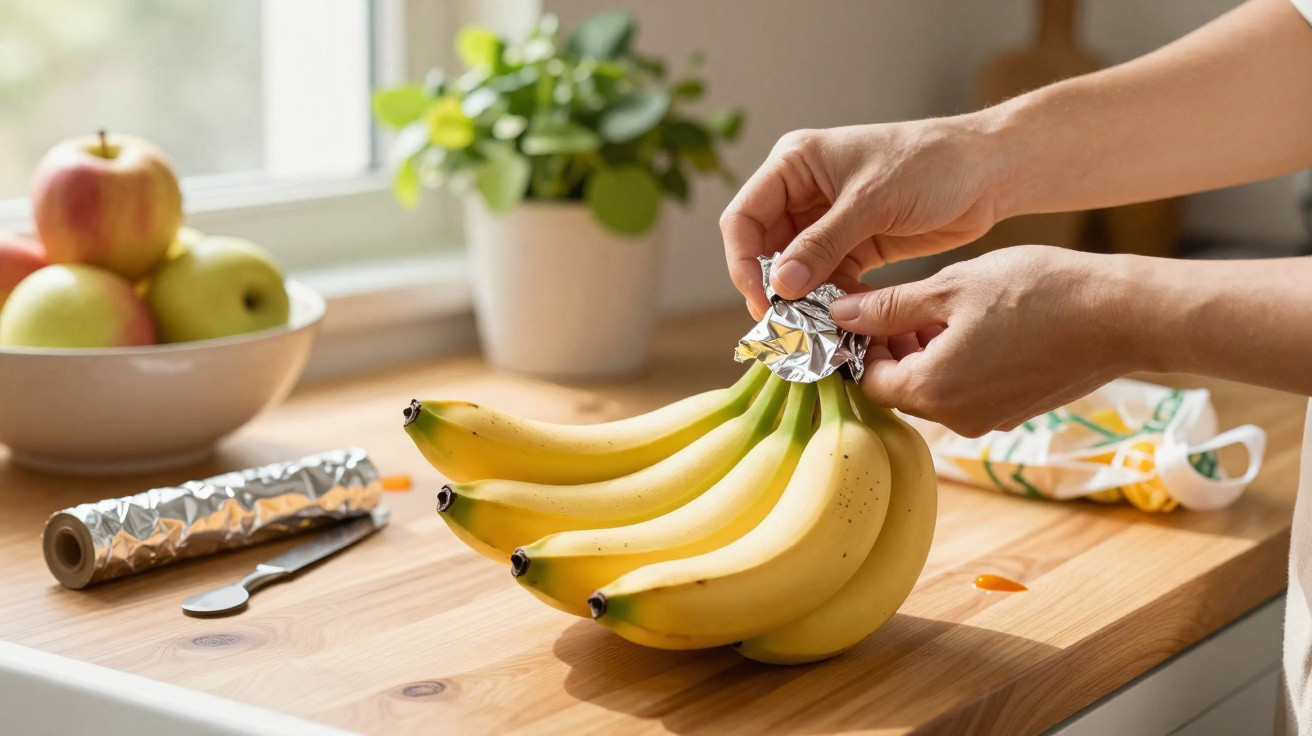 Mãos a envolver um cacho de bananas com papel de alumínio numa bancada de cozinha com fruta e planta ao fundo.