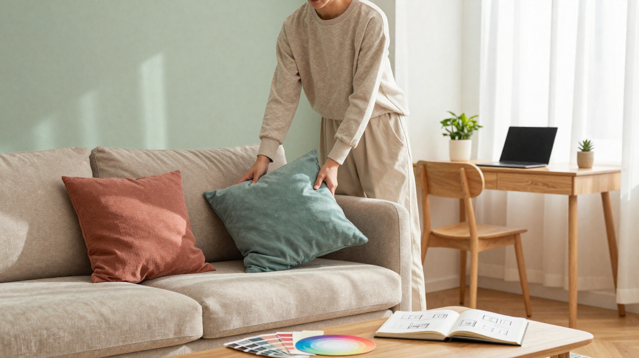 Pessoa a organizar almofadas num sofá numa sala com secretária e material de decoração no apoio de centro.