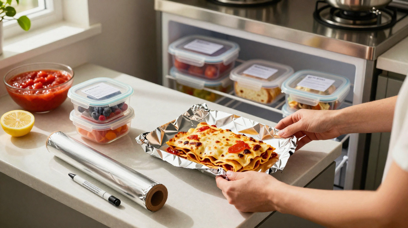 Mãos a preparar lasanha num tabuleiro com papel de alumínio, ao lado de recipientes com alimentos e limão cortado.