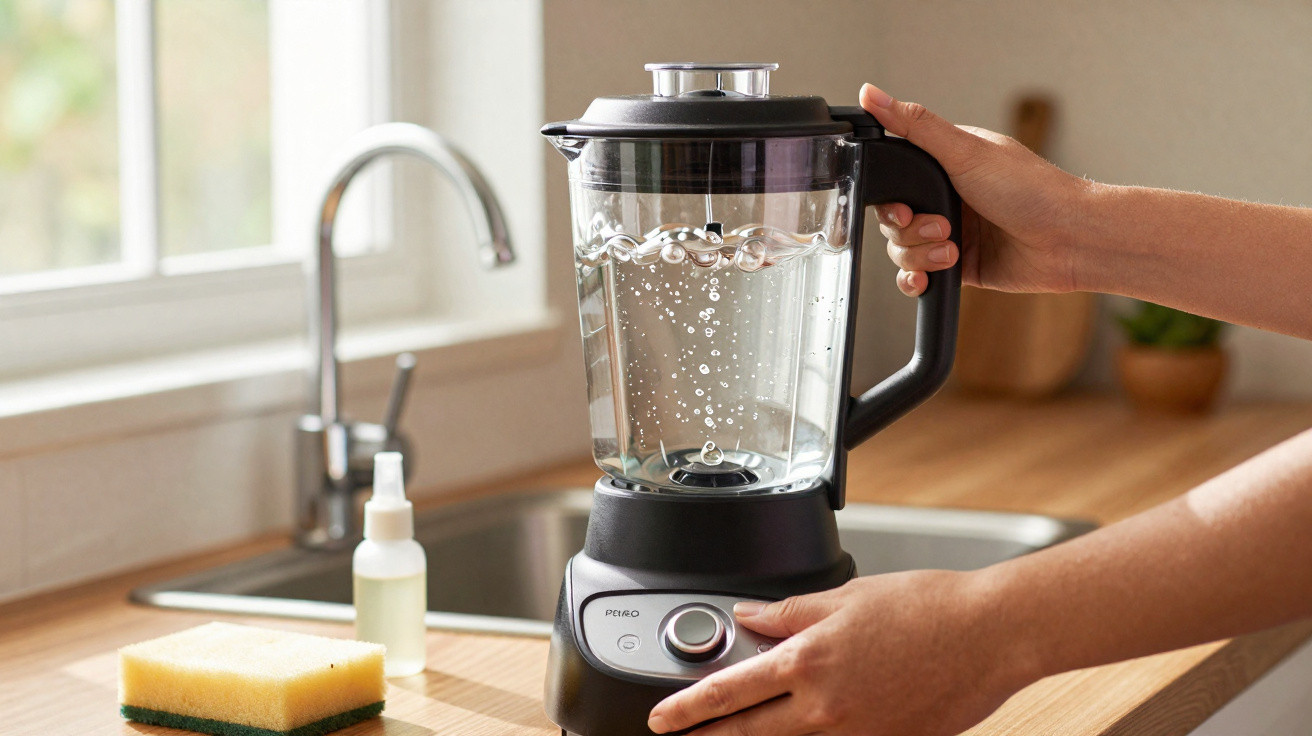 Pessoa a usar liquidificador transparente com base preta numa cozinha moderna junto a uma pia.