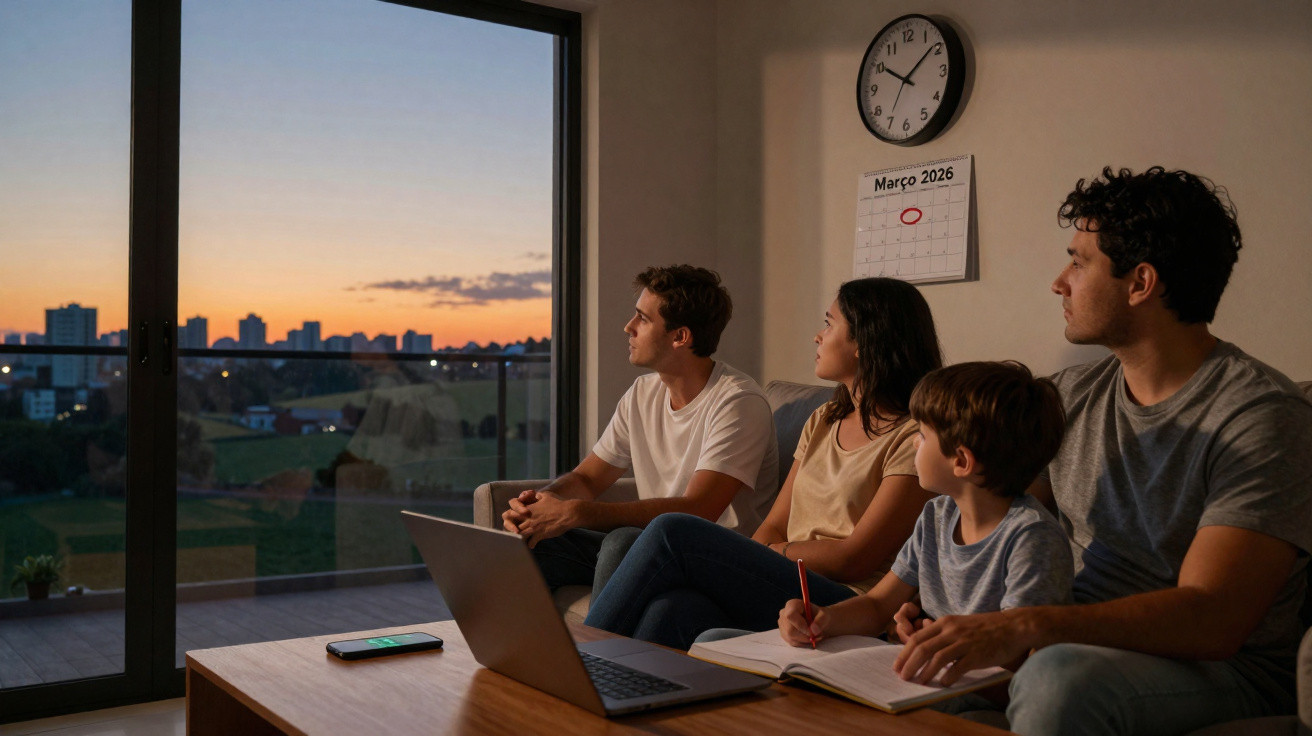 Família sentada na sala a olhar pela janela durante o pôr do sol em março de 2026.