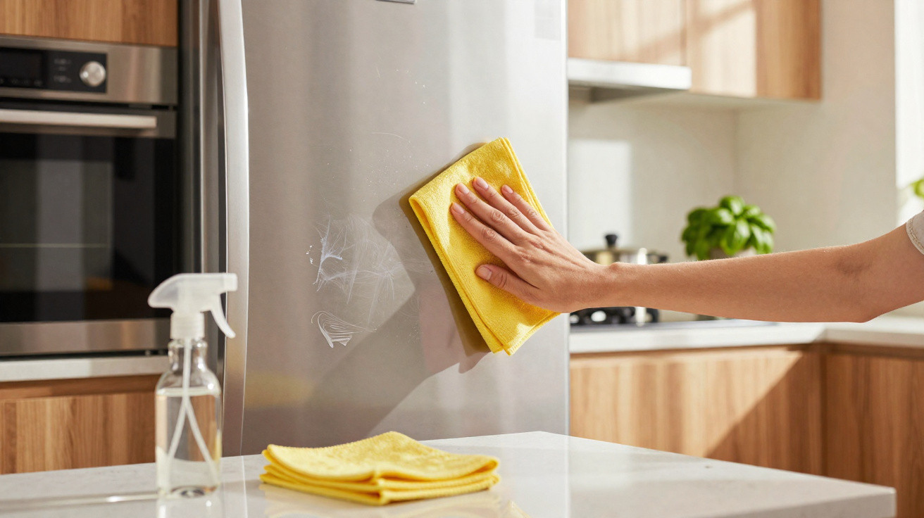 Mão a limpar a porta de um frigorífico inox com um pano amarelo numa cozinha moderna e luminosa.