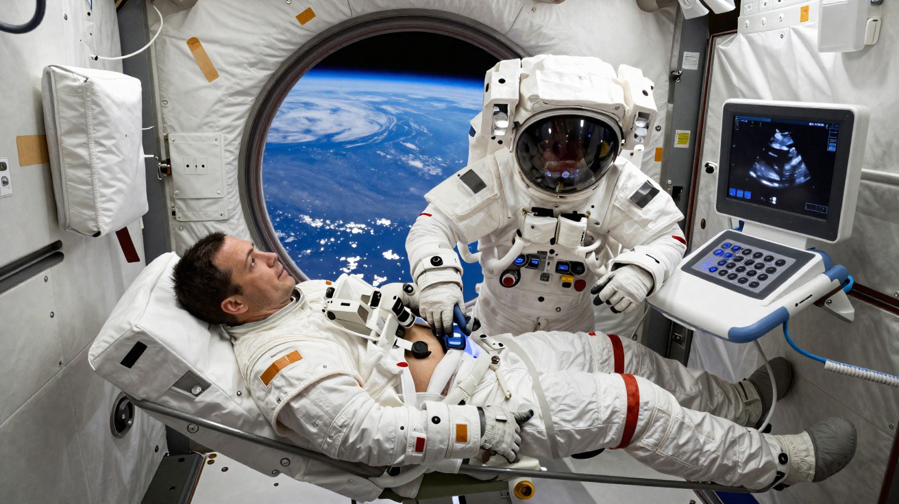 Dois astronautas dentro de uma nave espacial, um deitado e outro em fato espacial, com vista da Terra ao fundo.
