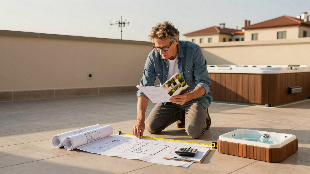 Homem de óculos mede planta de construção numa varanda, com revista e jacuzzi ao lado.
