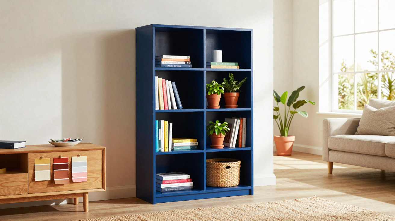 Estante azul com livros, plantas em vasos e cesto de arrumação, sala com sofá e móvel em madeira clara.