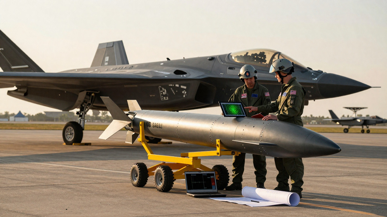 Dois militares com capacete examinam equipamento tecnológico perto de avião militar numa pista de voo.